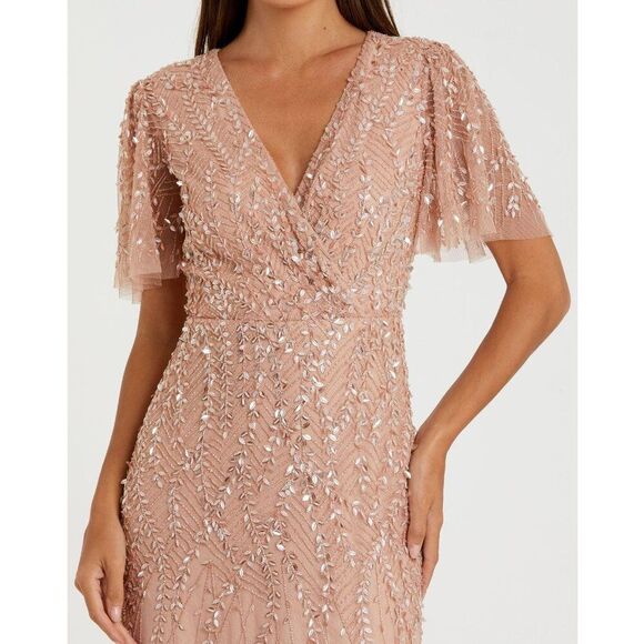 Mac Duggal Size‎ 12 Nude Pink Embellished Flutter Sleeve Long Maxi Gown Dress - Picture 4 of 9